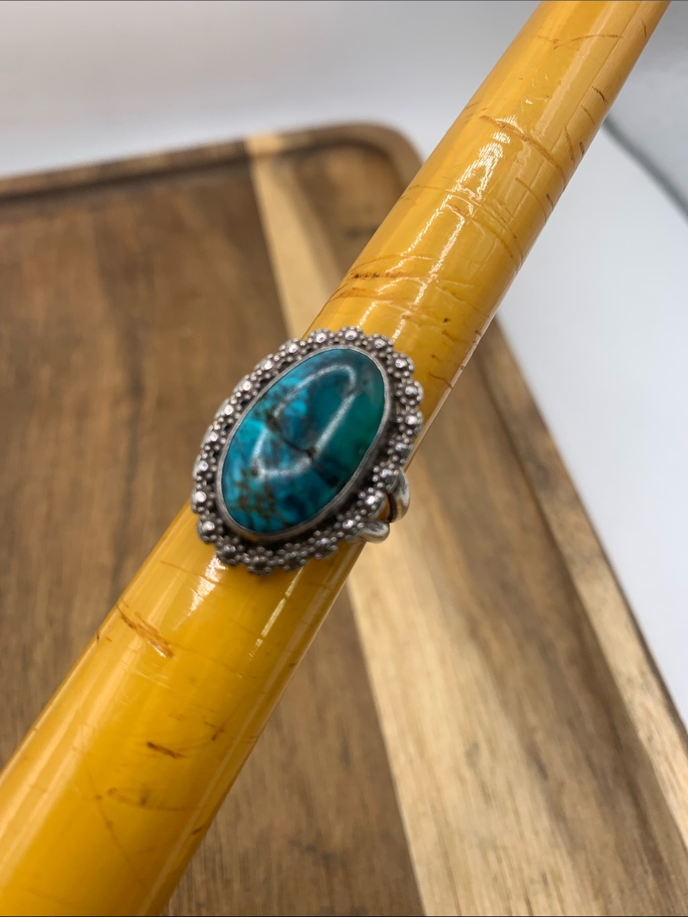 Sterling Turquoise Oval Signed 7.25 Ring